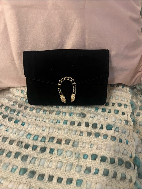 Handbags - INSPIRED Black Suede Clutch with Gold Snake-Head Accent